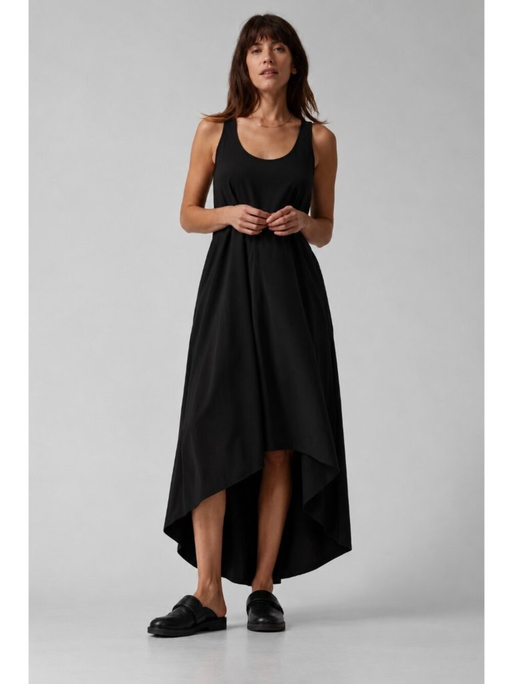 Athleta Presidio Lasercut Dress XXS Black High Low Racerback Travel Midi